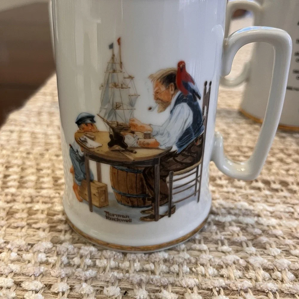 Norman Rockwell Coffee Mug set-Museum Series-Gold rim-Vintage Porcelain Set 4